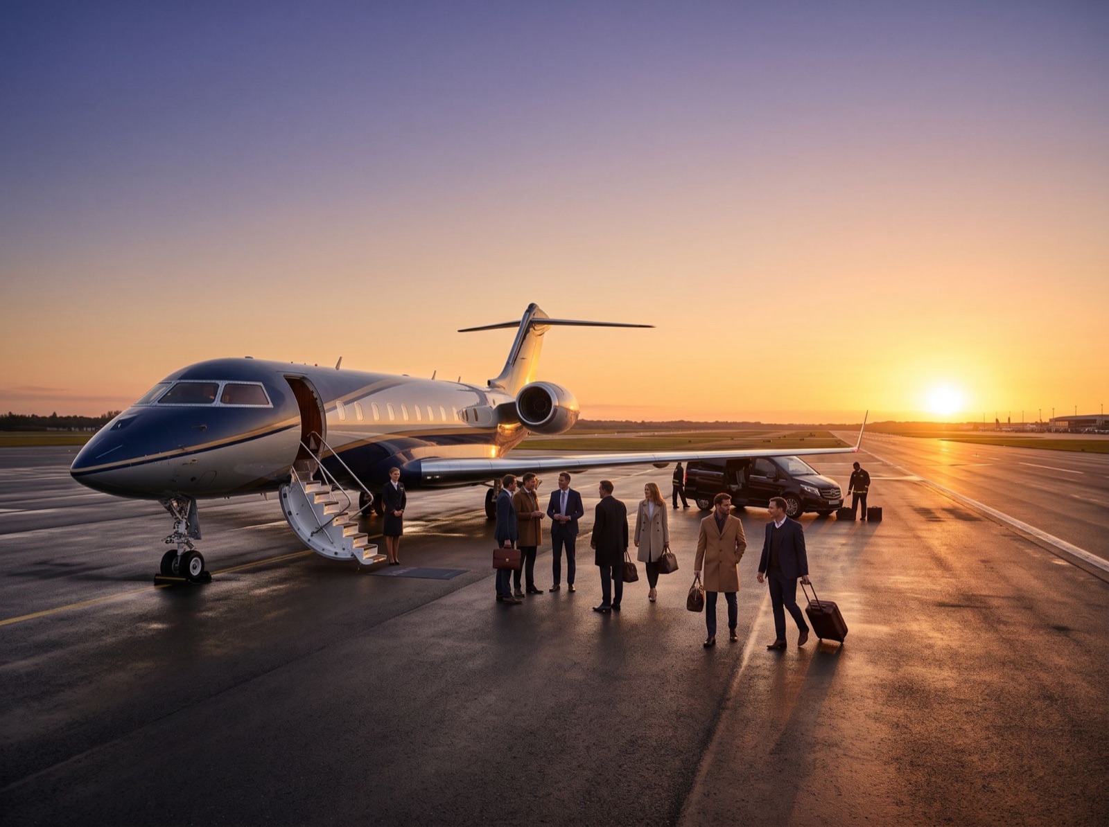 Group of passengers boarding at sunset