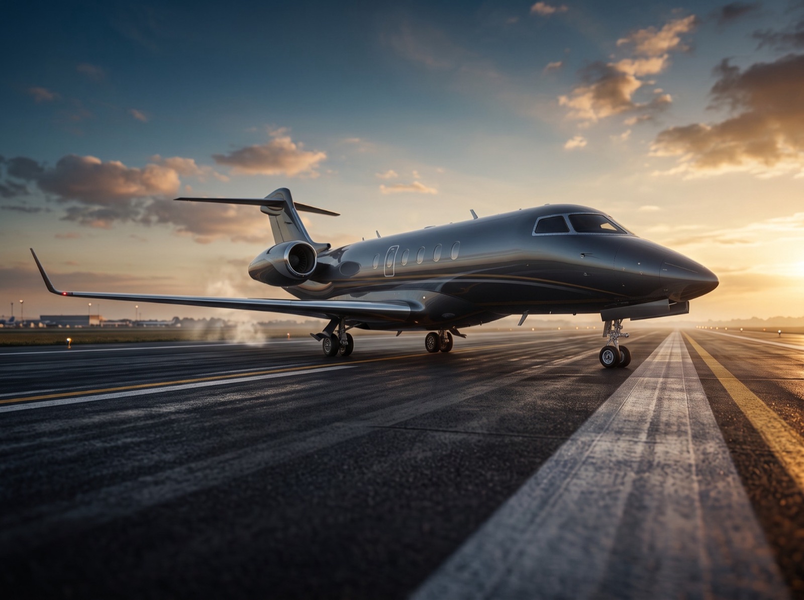 Jet on the runway at sunset